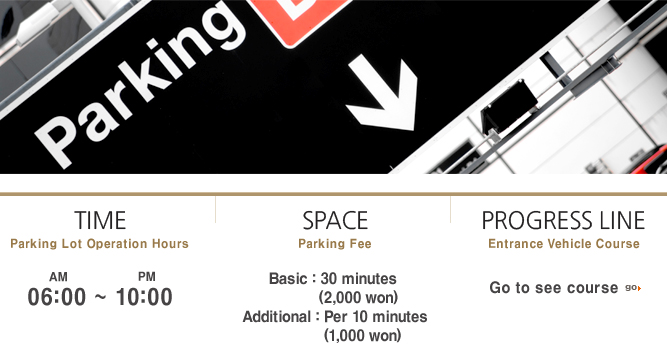 Parking Lot Operation Hours - AM 06:00 ~ PM10:00, Parking Fee - Basic : 30 minutes (2,000 won) , Additional : Per 10 minutes(1,000 won)